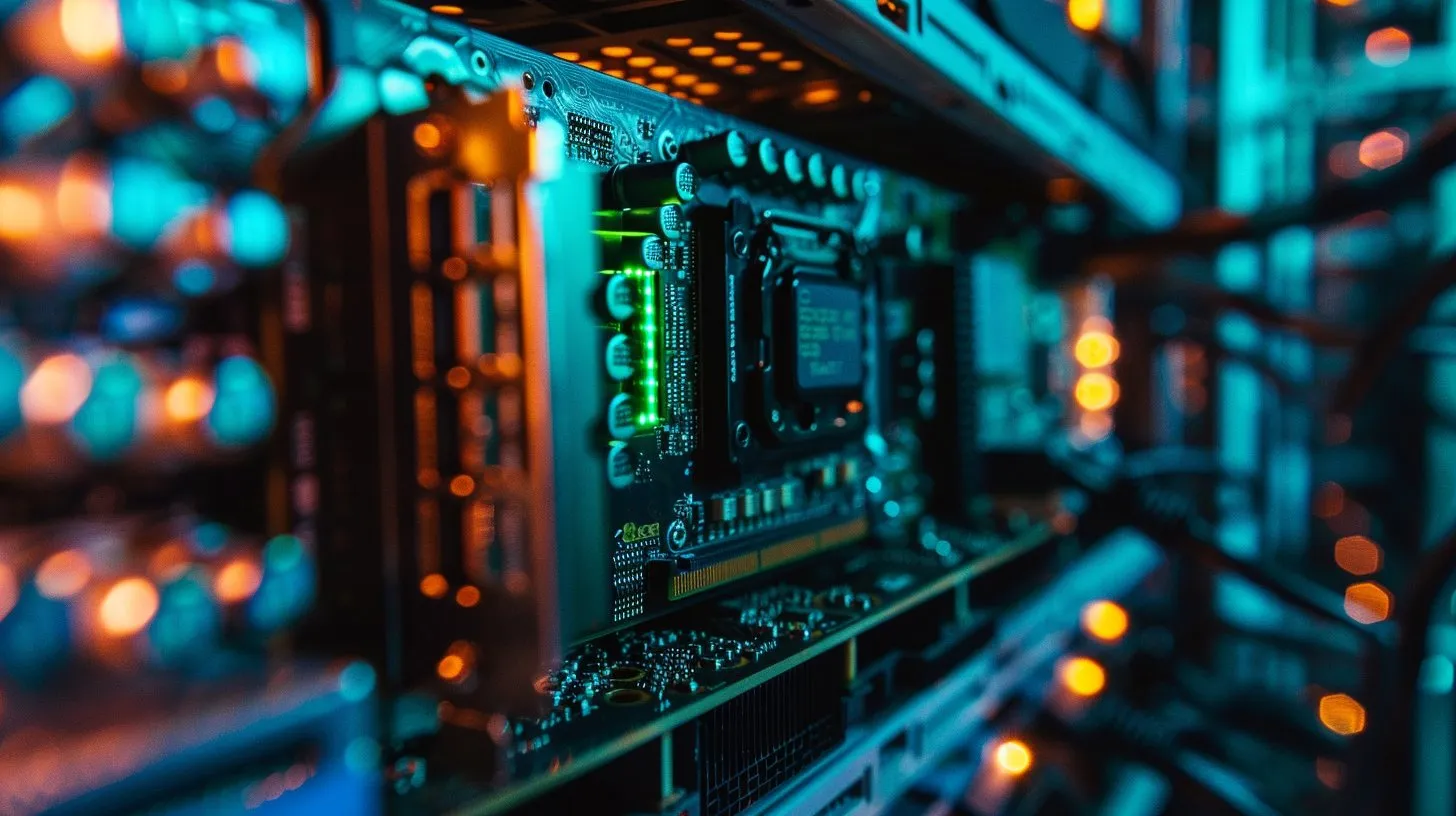 Macro-Aufnahme einer einzelnen GPU-Compute-Karte im Rack — Hardware-Realität für 1M-Context-Modelle